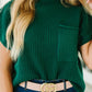 Deep Green Patch Pocket Ribbed Knit Short Sleeve Sweater