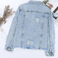 Sky Blue Lapel Distressed Raw Hem Buttons Denim Jacket