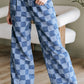 Dusk Blue Checkered Denim Wide Leg Jeans