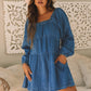 Dusk Blue Square Neck Side Pockets Loose Fit Denim Mini Dress