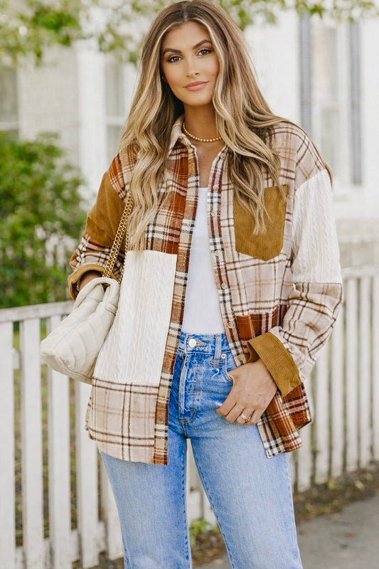 Burnt Orange Plaid Patchwork Shirt Jacket with Pocket Multiple Colors Available
