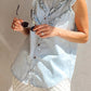 Sky Blue Mineral Wash Cap Sleeve Frilled Button Up Denim Shirt