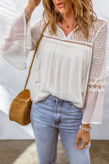 White Lace Crochet Hollow Out Swiss Dot Blouse