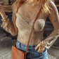 Apricot Lace Mesh Crochet Splicing Slim Fit Long Sleeve Blouse