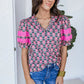 Sachet Pink V-Neck Ruffle Abstract Floral Print Puff Sleeve Top