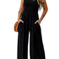 Black Smocked Sleeveless Wide Leg Jumpsuit with Pockets