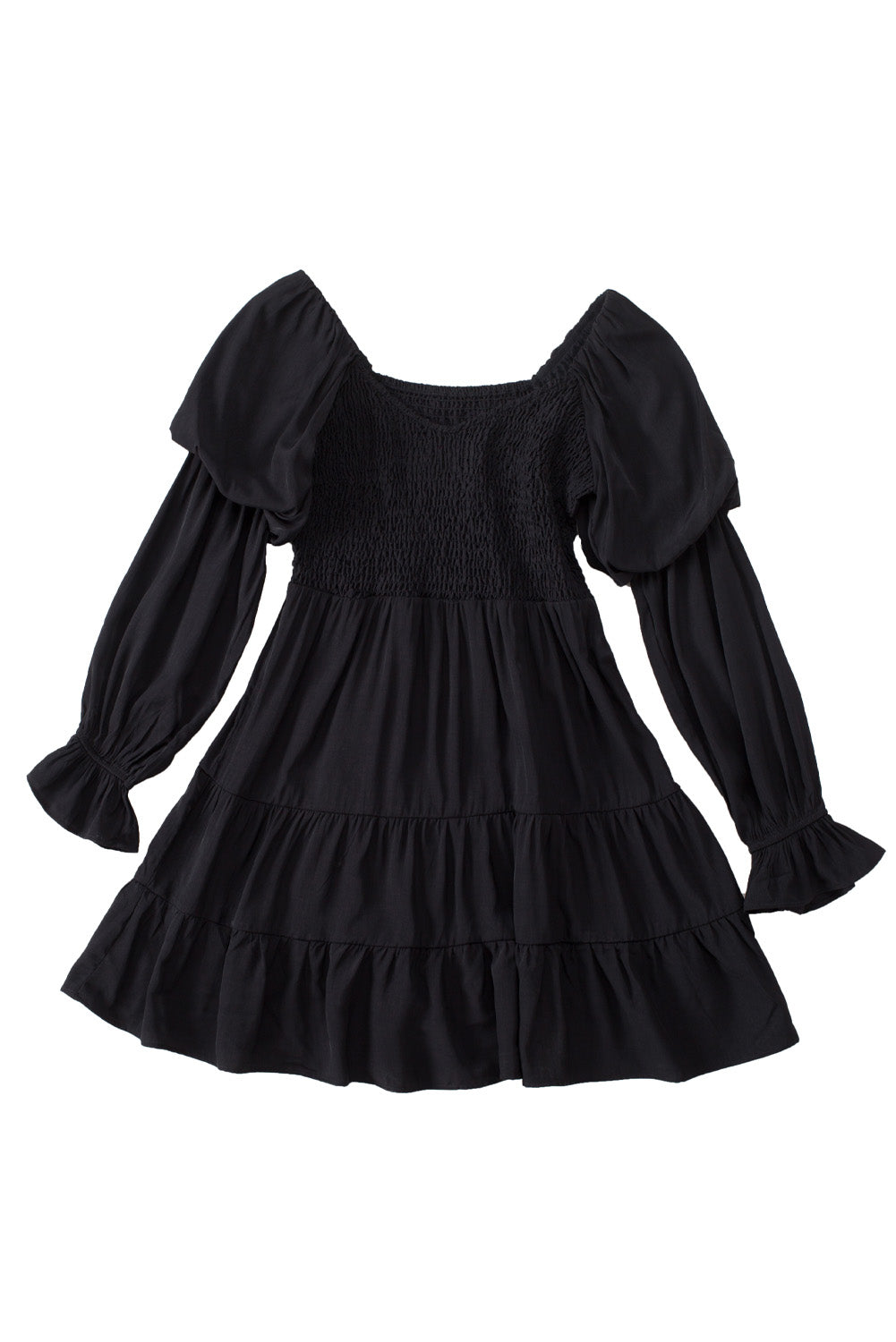 Black Boho Solid Shirred Ruffle Mini Dress