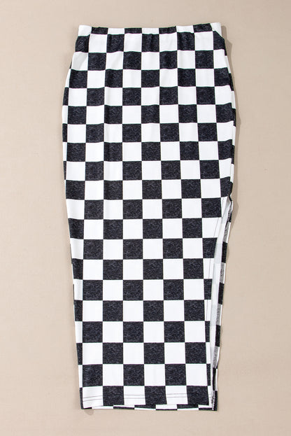 Checkered Side Slit Midi Skirt Chessa