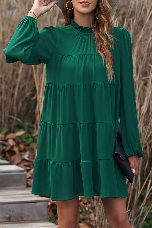 Green Mock Neck Tiered Dress