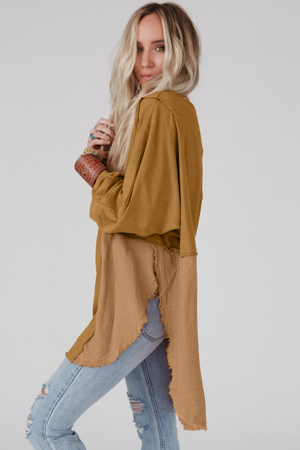 Camel Splicing Raw Hem High Low Oversized Blouse