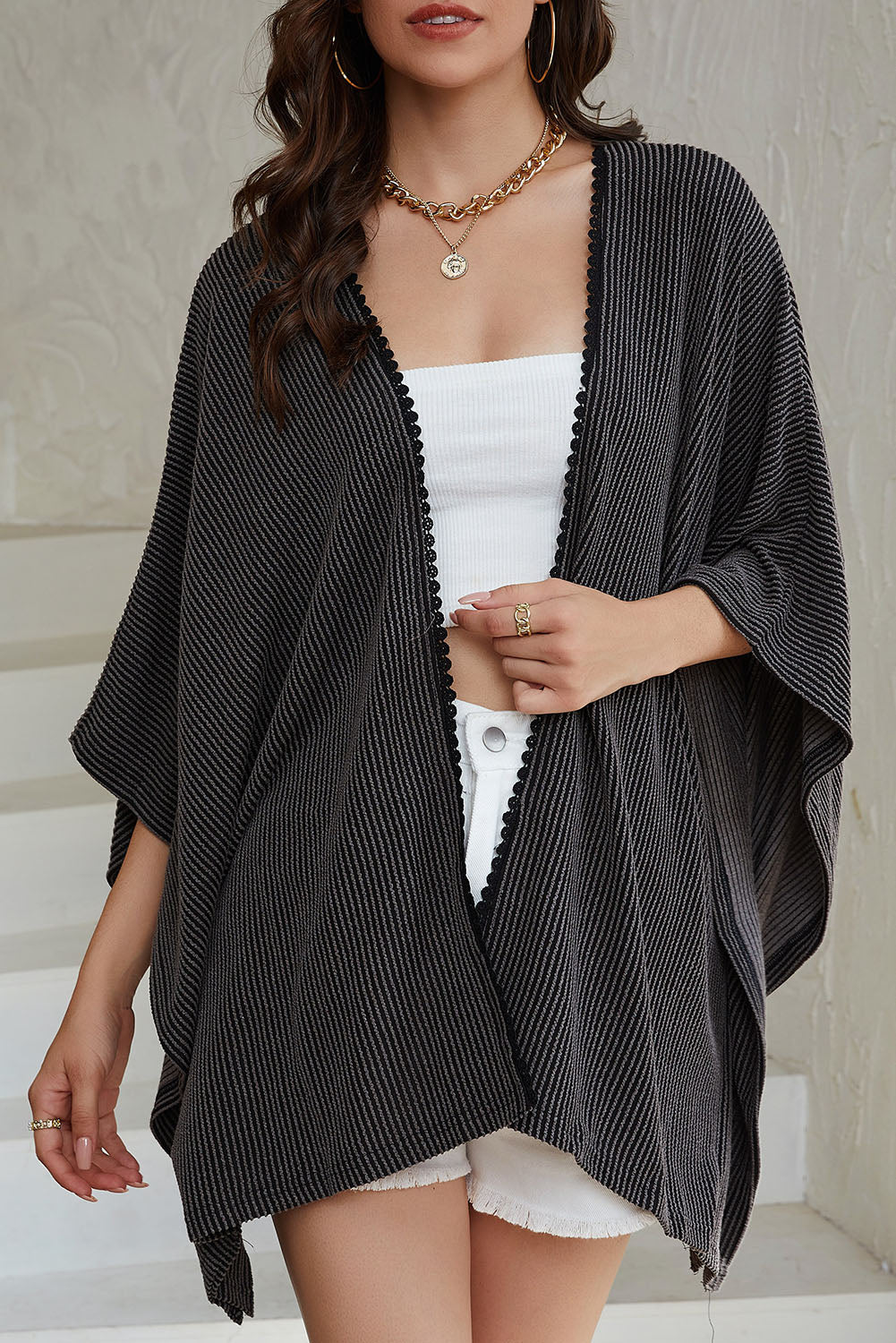 Sky Blue Lace Trim Ribbed Oversize Kimono