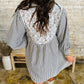 Striped Floral Patchwork Tied V Neck Shift Long Sleeve Mini Dress