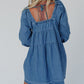 Dusk Blue Square Neck Side Pockets Loose Fit Denim Mini Dress