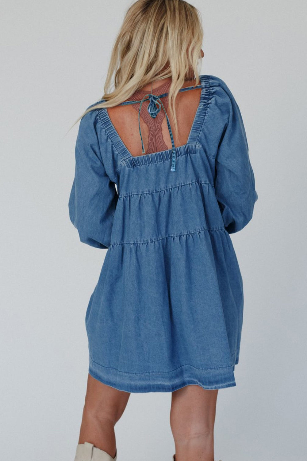 Dusk Blue Square Neck Side Pockets Loose Fit Denim Mini Dress