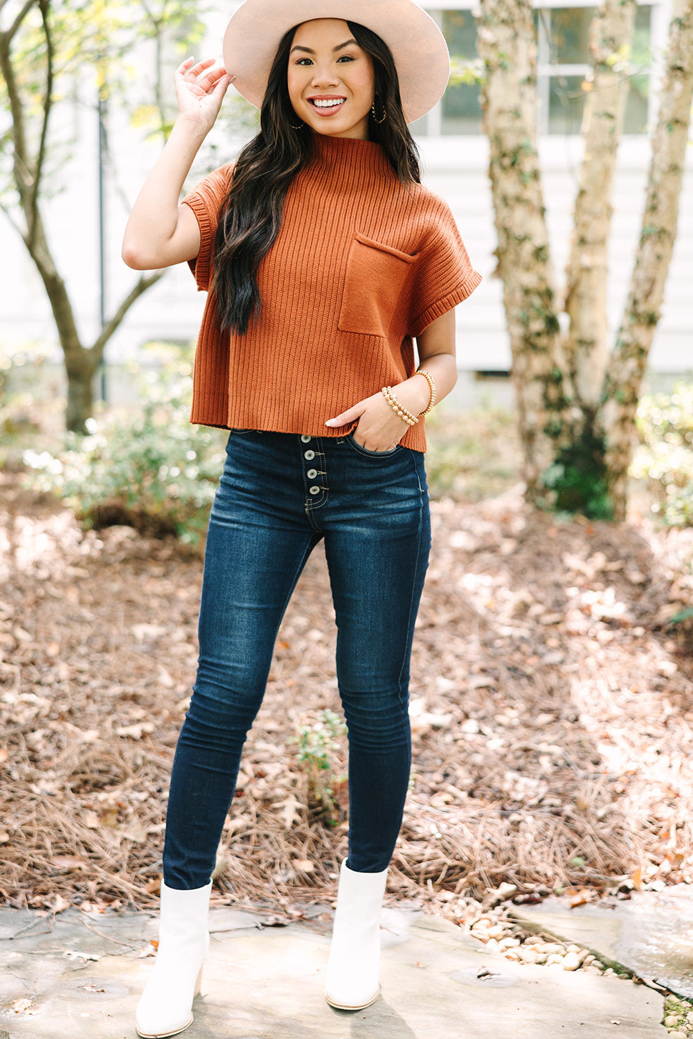 Burnt Orange Patch Pocket Ribbed Knit Short Sleeve Sweater