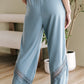 Dusk Blue Lace Crochet Patched Lace-up High Waist Wide Leg Pants