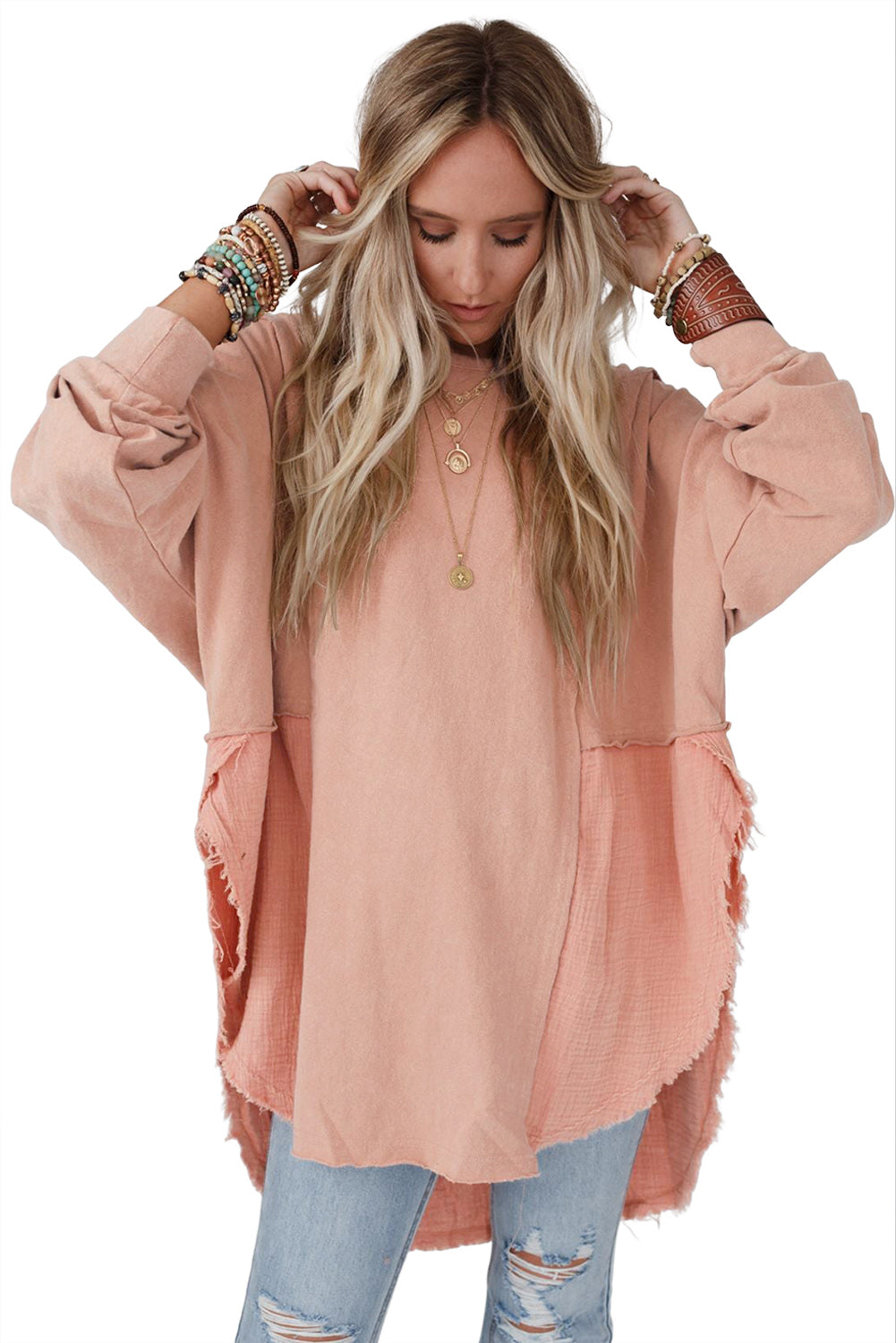 Coral Pink Splicing Raw Hem High Low Oversized Blouse