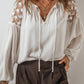 White Floral Lace Patchwork Puff Sleeve Tied V Neck Blouse