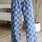 Dusk Blue Checkered Denim Wide Leg Jeans