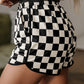 Black Checkered Drawstring Elastic Waist Casual Shorts