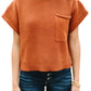 Burnt Orange Patch Pocket Ribbed Knit Short Sleeve Sweater