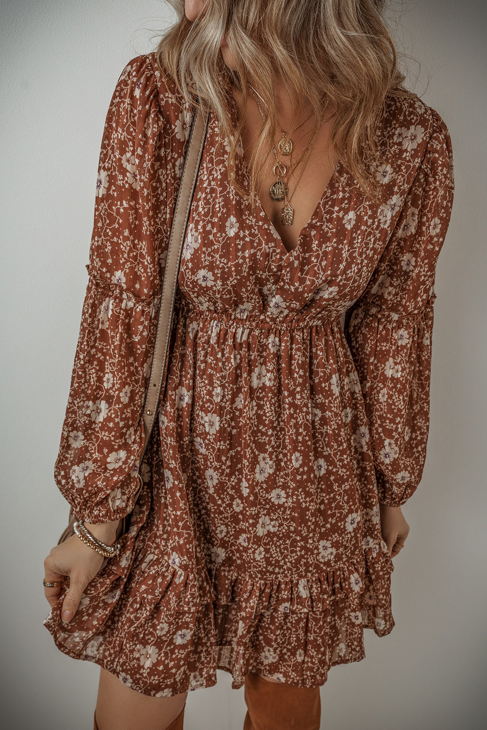 Brown BoHo floral ruffle ￼