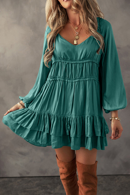 Misty Green Tiered Ruffled Puff Sleeve Loose Fit Mini Dress