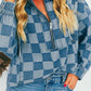 Checkered Half Zip Denim Hoodie Top