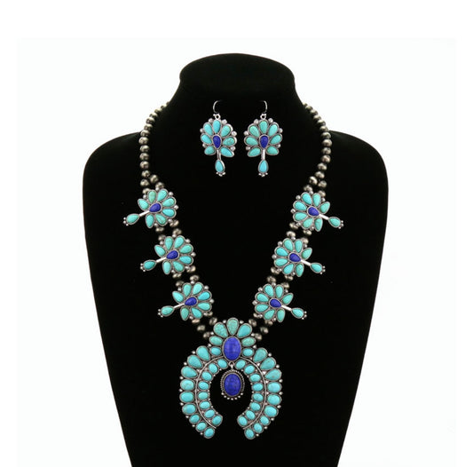 Blue Ocean Turquoise Squash Blossom Necklace