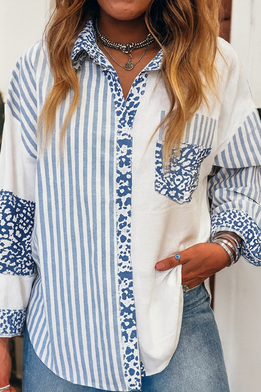 Blue Boho Patchwork Button Down