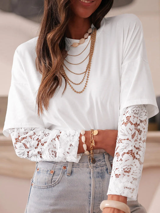 White Lace Long Sleeve Insert Drop Shoulder Tee