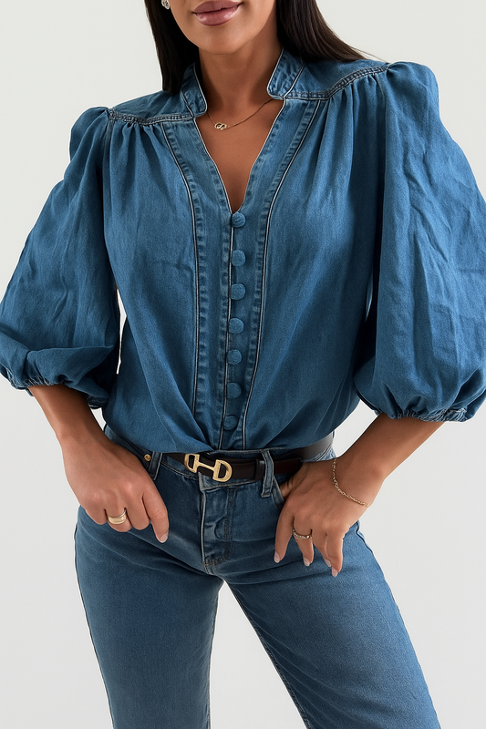 Button-Down Puff Sleeve Denim Top