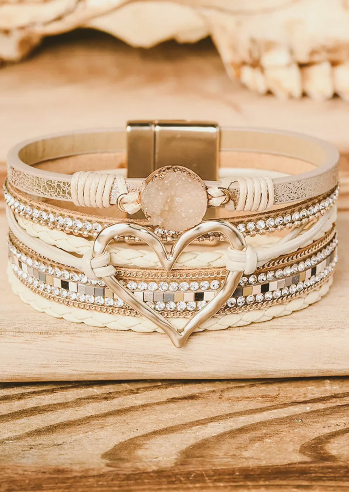 Beige Bohemian Heart Rhinestone Magnetic Buckle Bracelet