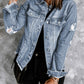 Sky Blue Lapel Distressed Raw Hem Buttons Denim Jacket