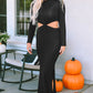 Black Ribbed Twist Cutout Long Sleeve Dress