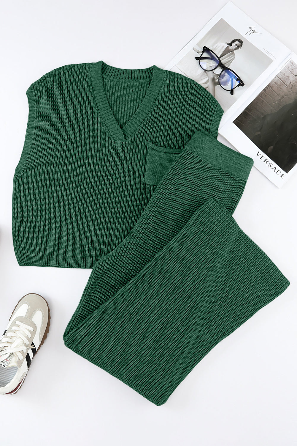 Green Knitted V Neck Sweater and Casual Pants Set