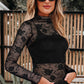 Black Sheer Floral Lace Mesh Mock Neck Long Sleeve Top