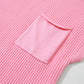 Pink Patch Pocket Ribbed Knit Short Sleeve Sweater