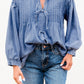 Denim Front Pintuck Bow Tie Puff Sleeve Top
