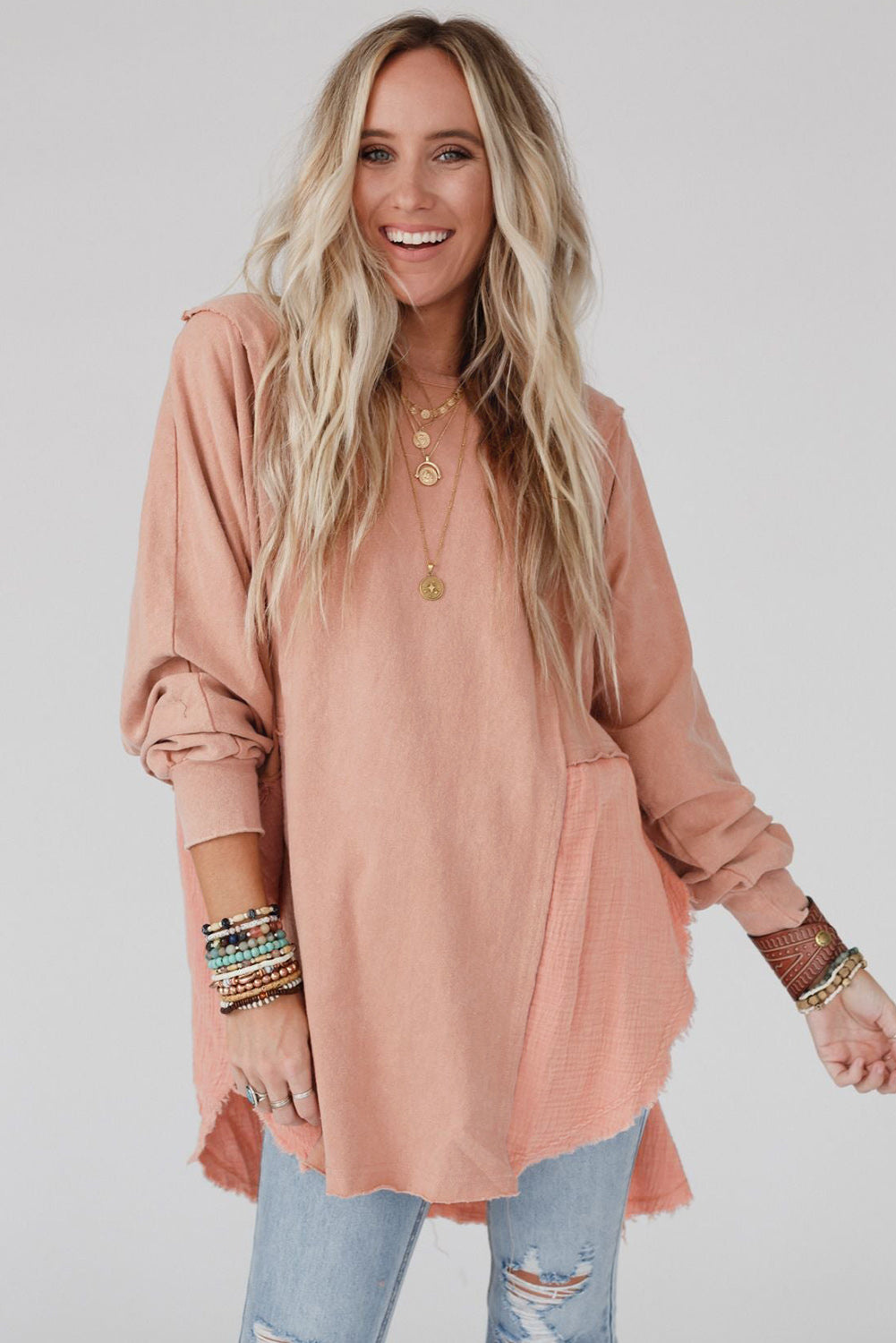 Coral Pink Splicing Raw Hem High Low Oversized Blouse