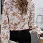 Light French Beige Floral Print Frilled Neckline Flounce Sleeve Blouse