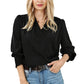 Black Solid Surplice Neck Shirred Cuffs Draped Blouse