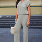 Gray Knitted V Neck Sweater and Casual Pants Set