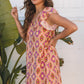 Tangerine Geometric Floral V Neck Buttoned Ruffled Sleeve Mini Dress
