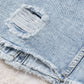 Sky Blue Lapel Distressed Raw Hem Buttons Denim Jacket