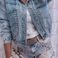 Sky Blue Rivet Studded Pocketed Denim Jacket