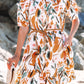 Abstract Printed Puff Sleeve Button Up Braided Belt Mini Dress