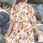 Abstract Printed Puff Sleeve Button Up Braided Belt Mini Dress