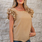 Smoke Gray Ruffled Tiered Sleeve Square Neck Textured Top