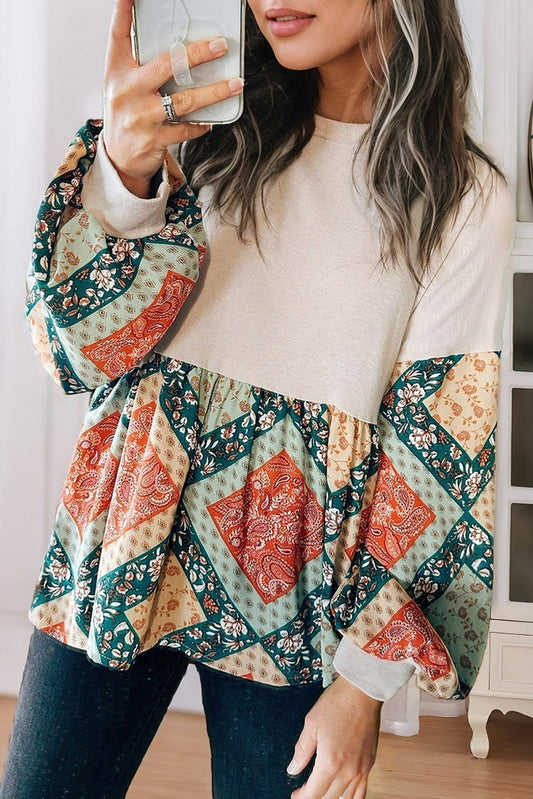 Paisley Geometric Patchwork Crew Neck Loose Fit Top